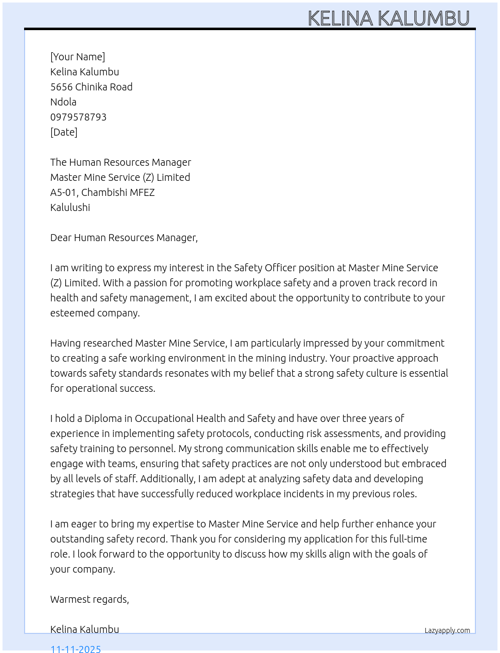 Cover letter for safety officer - LazyApply