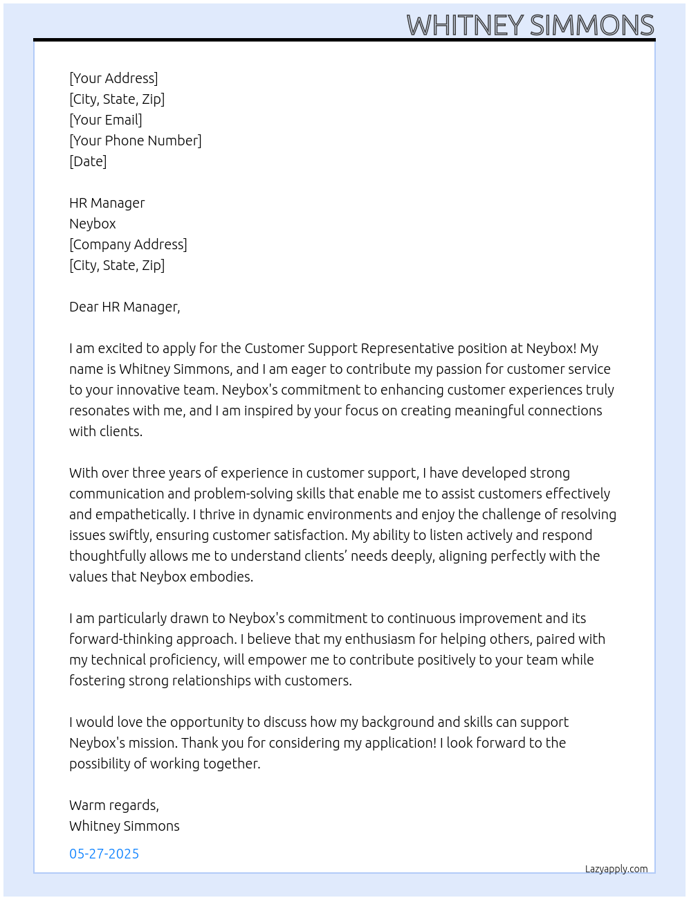 Customer Support Representative At Neybox Cover Letter