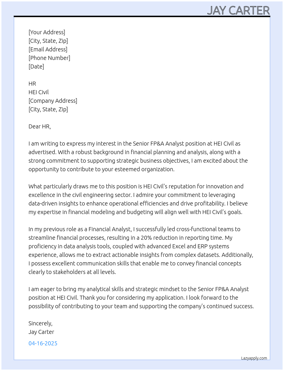 Cover letter for senior fp&a analyst - LazyApply