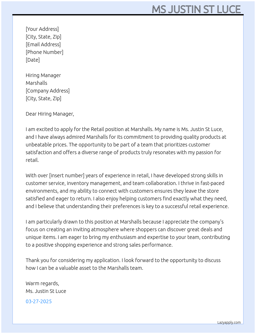 Retail At Marshalls Cover Letter