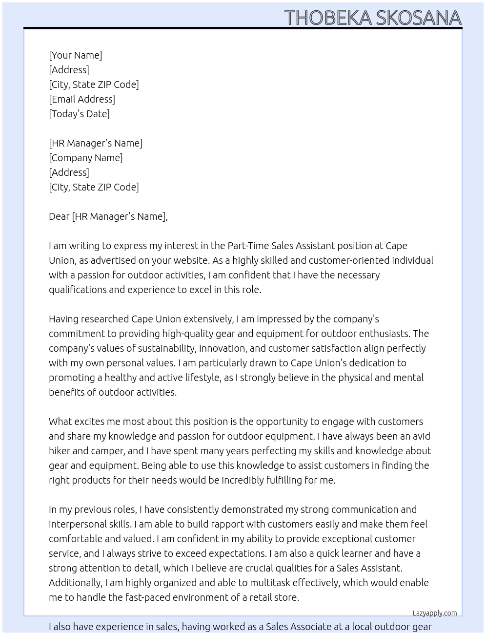 Part Time Sales Assistant At Cape Union Cover Letter