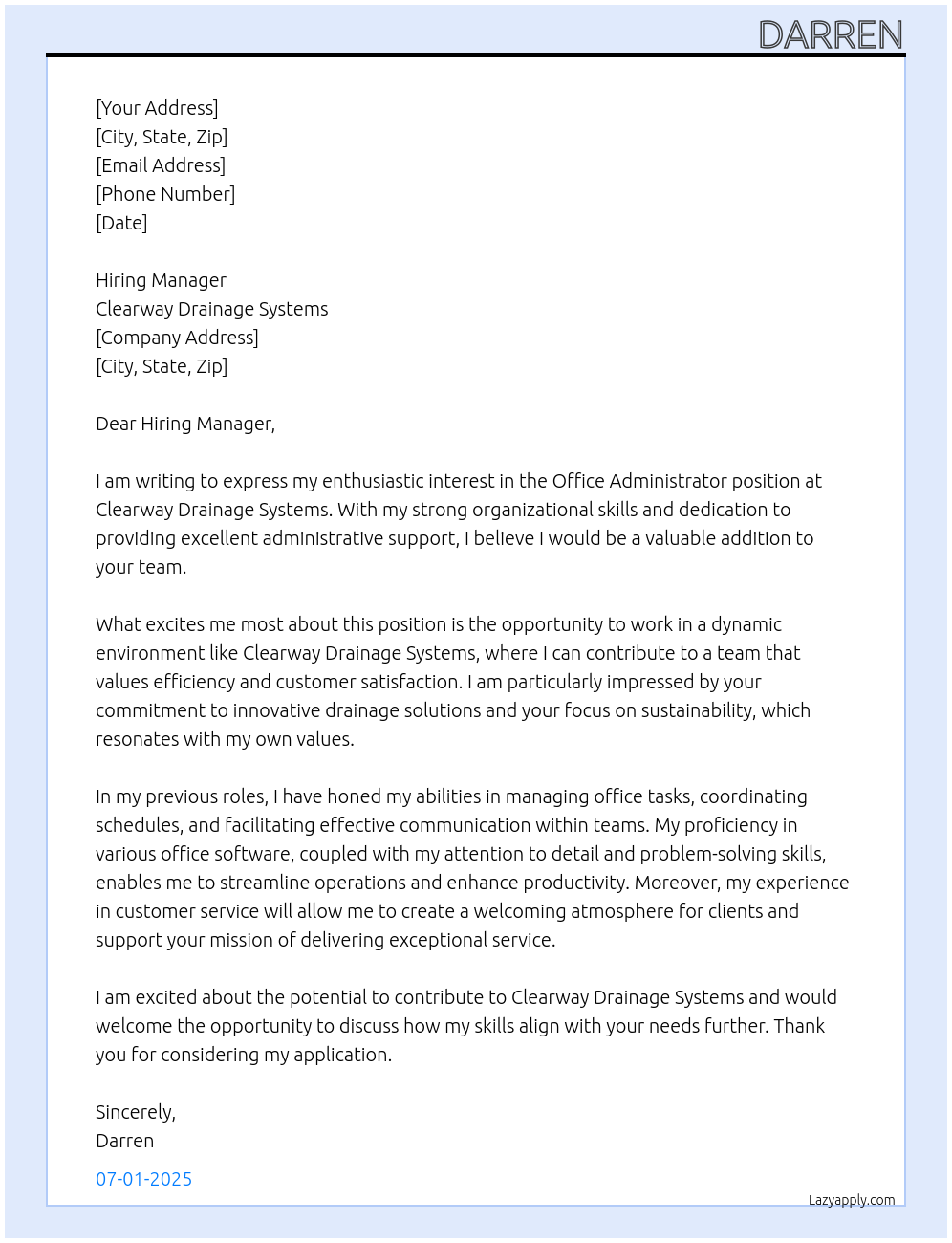 Office Administrator At Clearway Drainage Systems Cover Letter