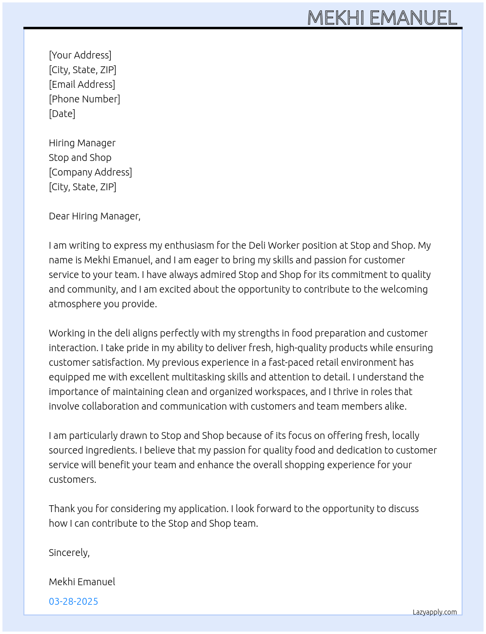 Deli worker At Stop and shop Cover Letter