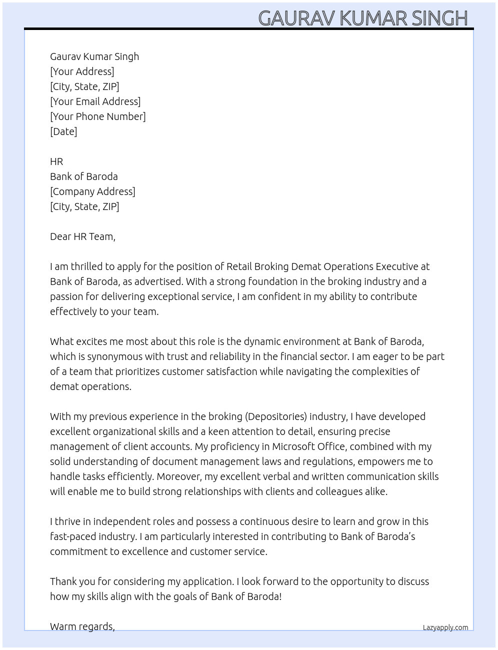 Retail broking demat operations executive  At Bank of Baroda  Cover Letter