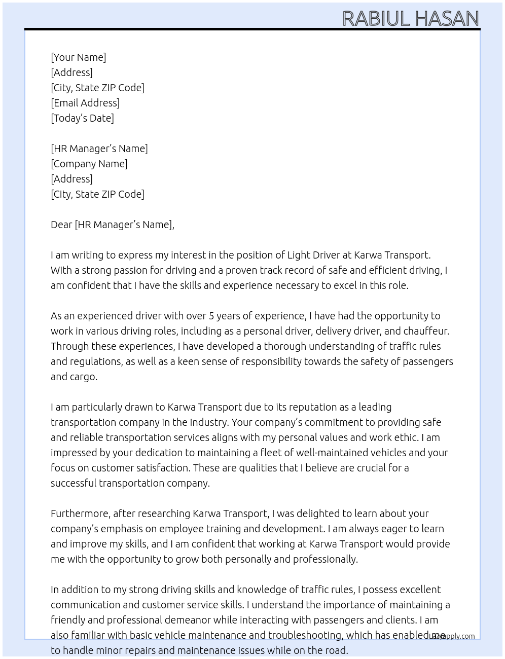 LIGHT DRIVER At KARWA TRANSPORT Cover Letter
