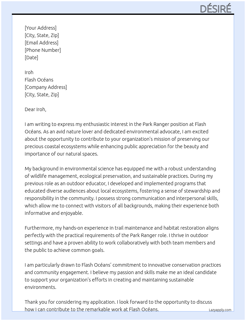 Park ranger At Flash océans  Cover Letter