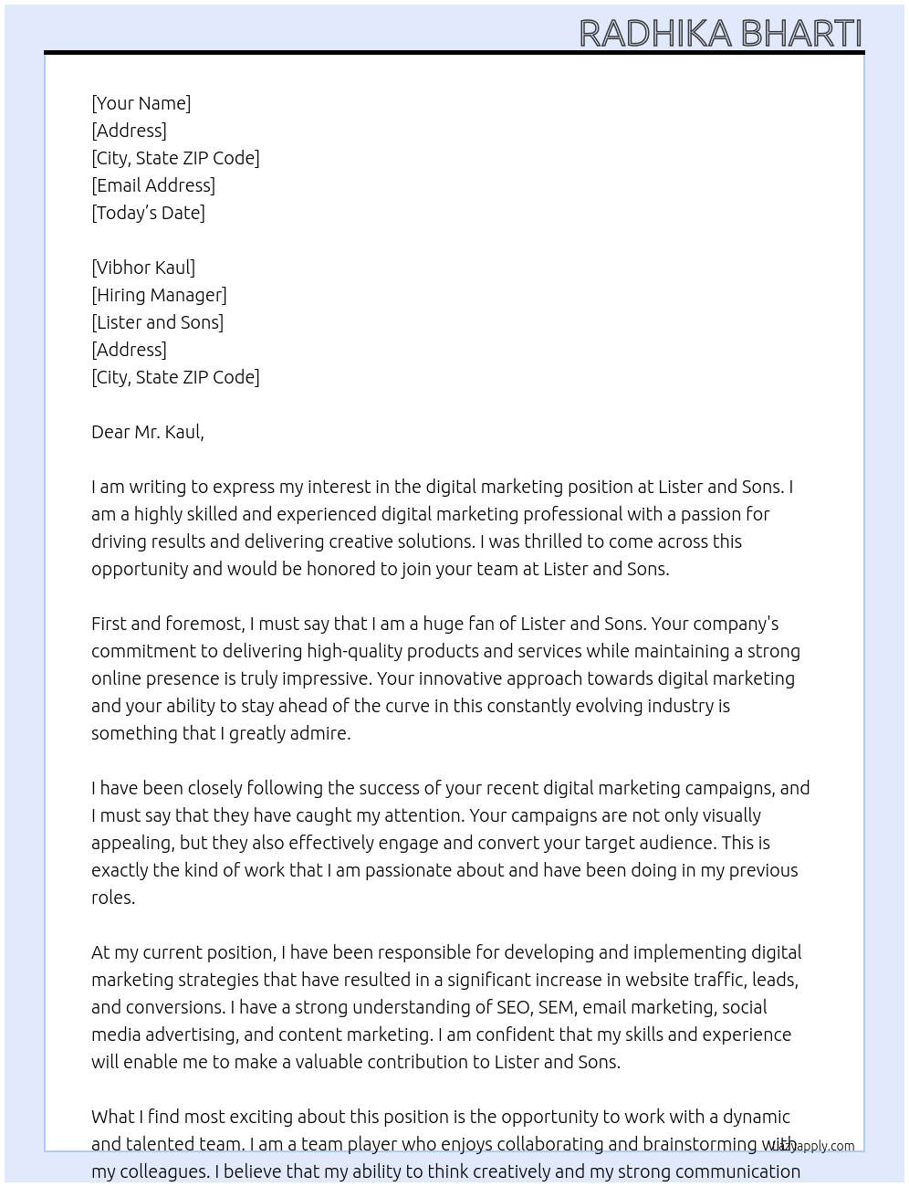 digital marketing At lister and sons Cover Letter