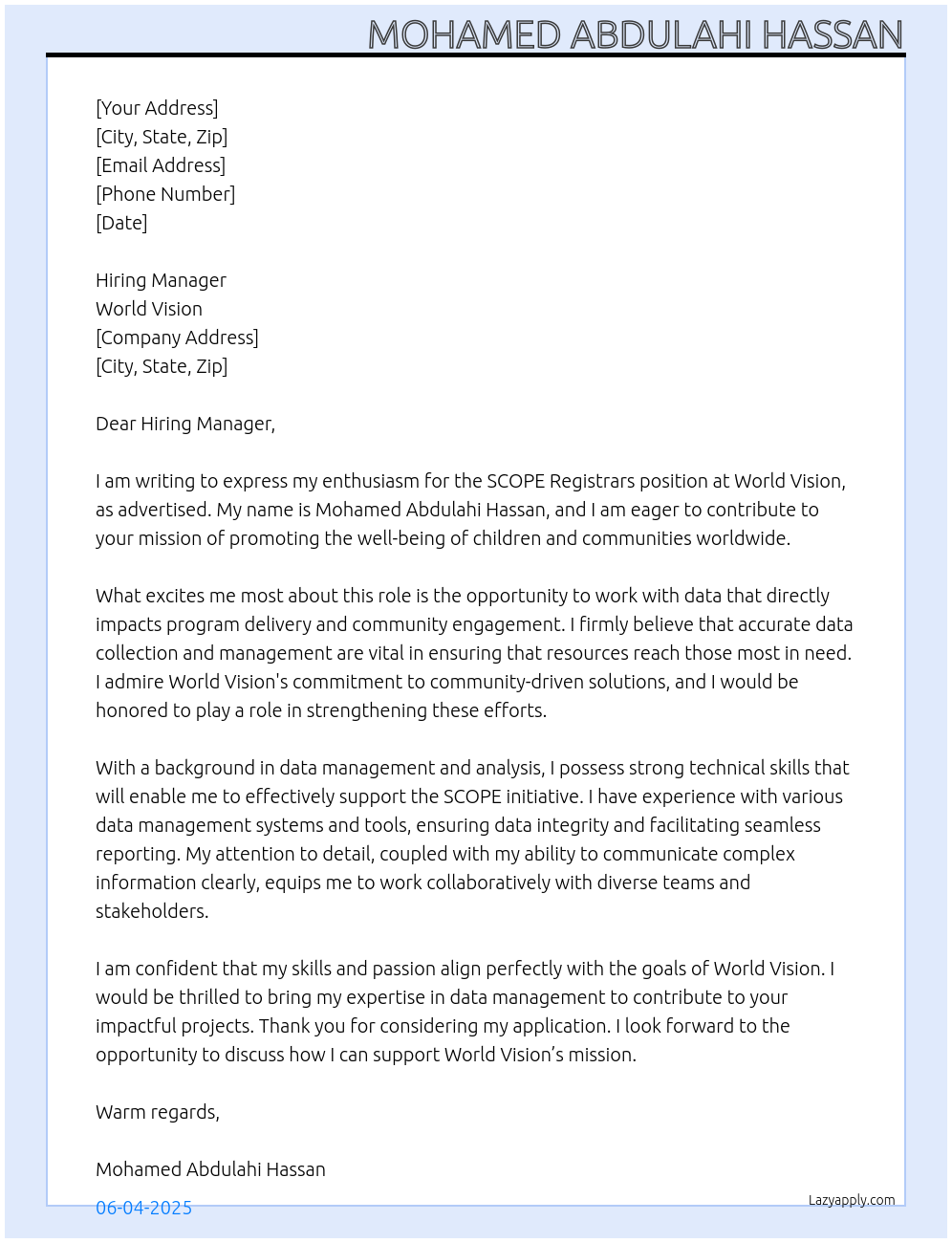 SCOPE Registrars At World vision Cover Letter