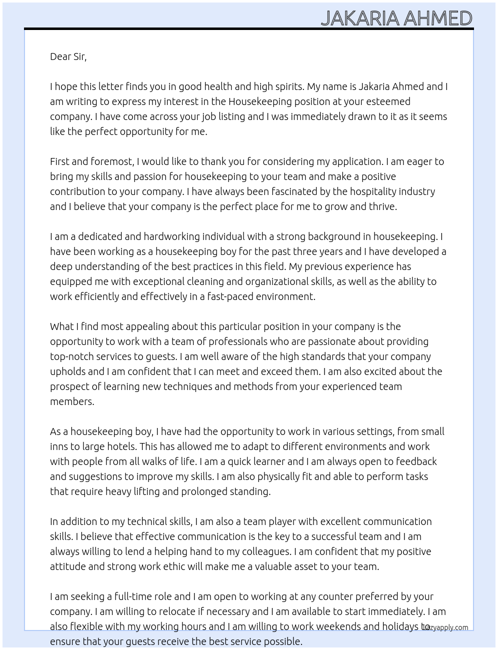 Housekeeping At Any company Cover Letter