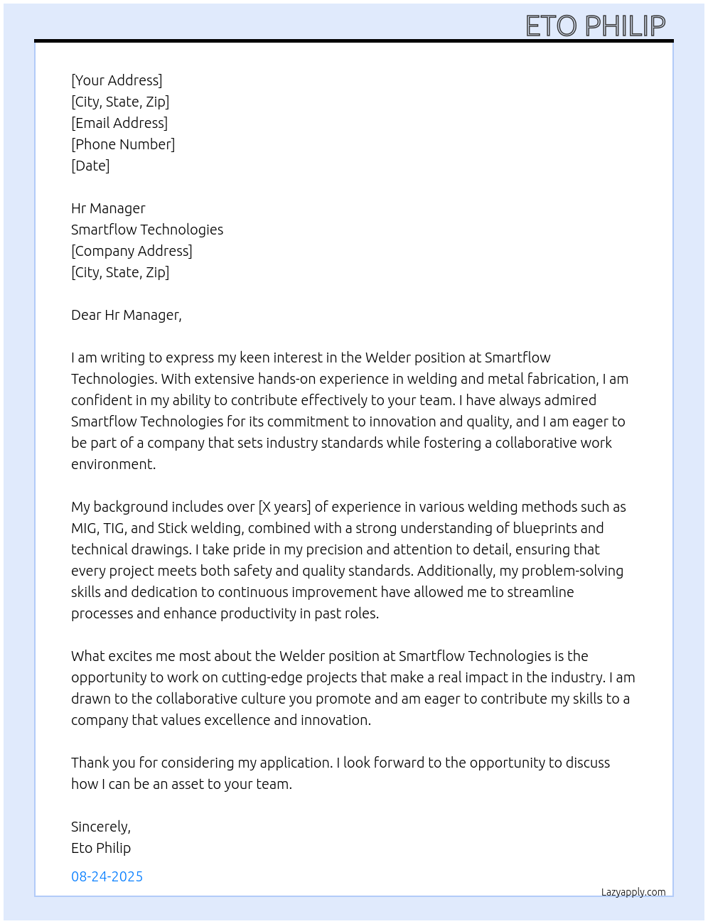 Welder At Smartflow technologies Cover Letter