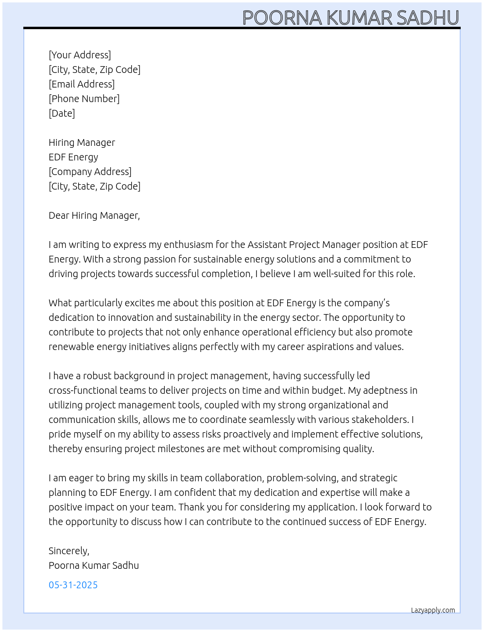 assistant project manager At EDF Energy Cover Letter