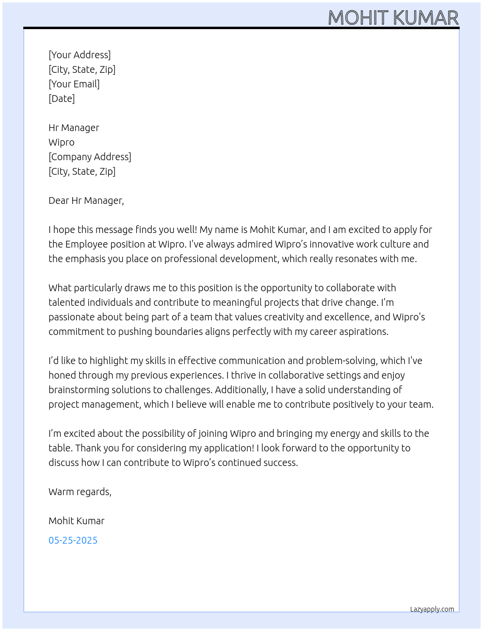 Employee At Wipro Cover Letter