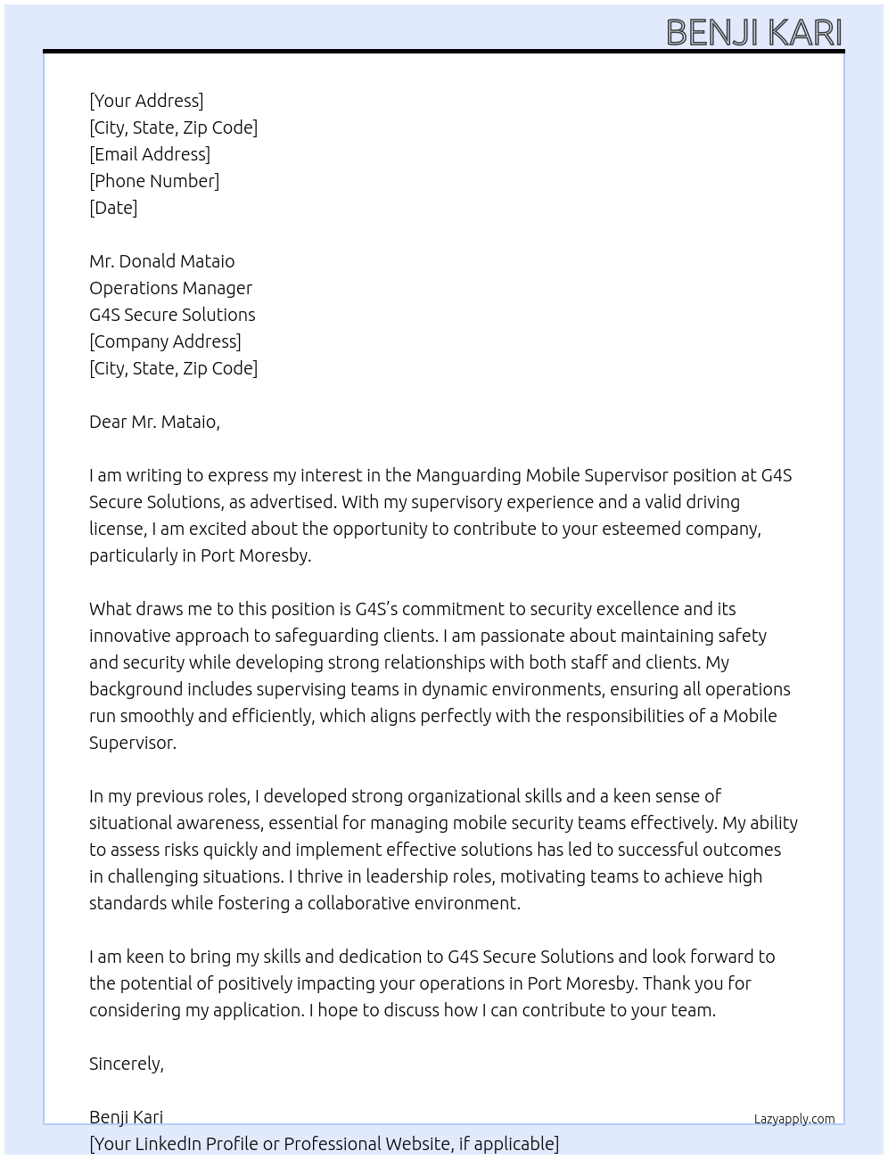  Manguarding Mobile Supervisor  At G4S Secure Solution  Cover Letter