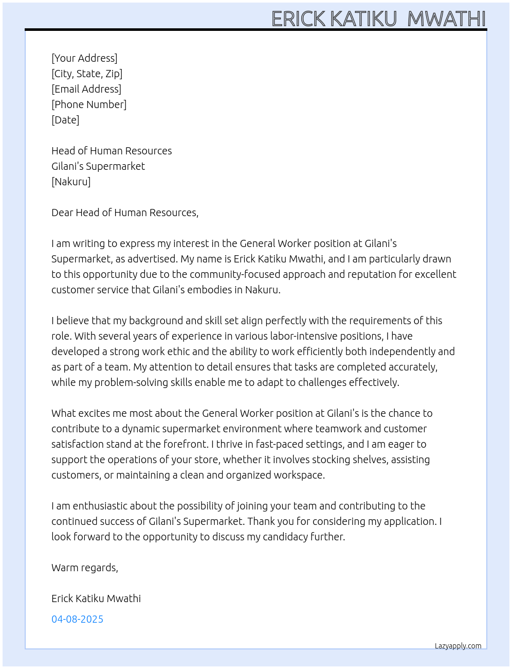 general worker At Gilani's supermarket Cover Letter