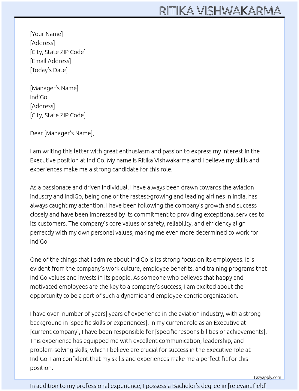 IndiGo At Executive Cover Letter