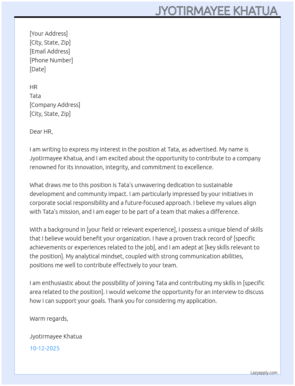 Tata   At TATA Cover Letter