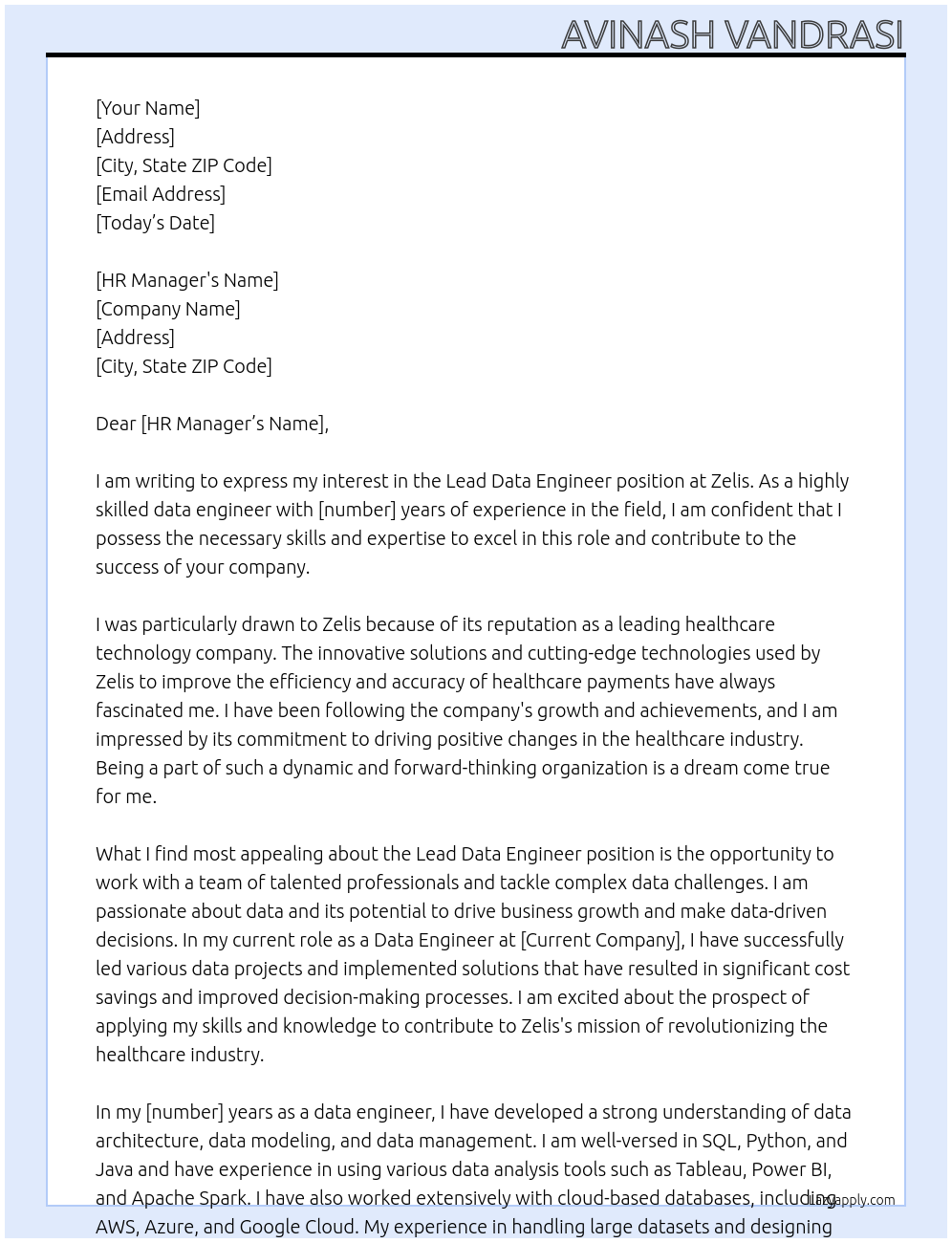 Cover letter for lead data engineer - LazyApply