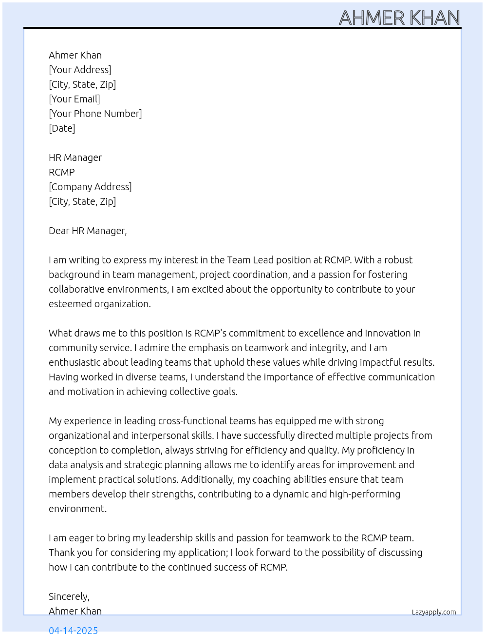 Team Lead At RCMP Cover Letter