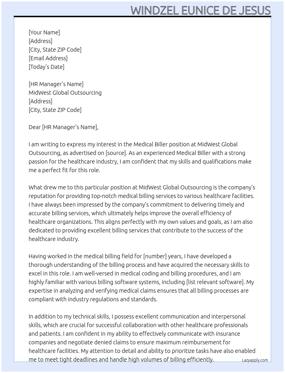 Medical Biller At MidWest Global Outsourcing Cover Letter
