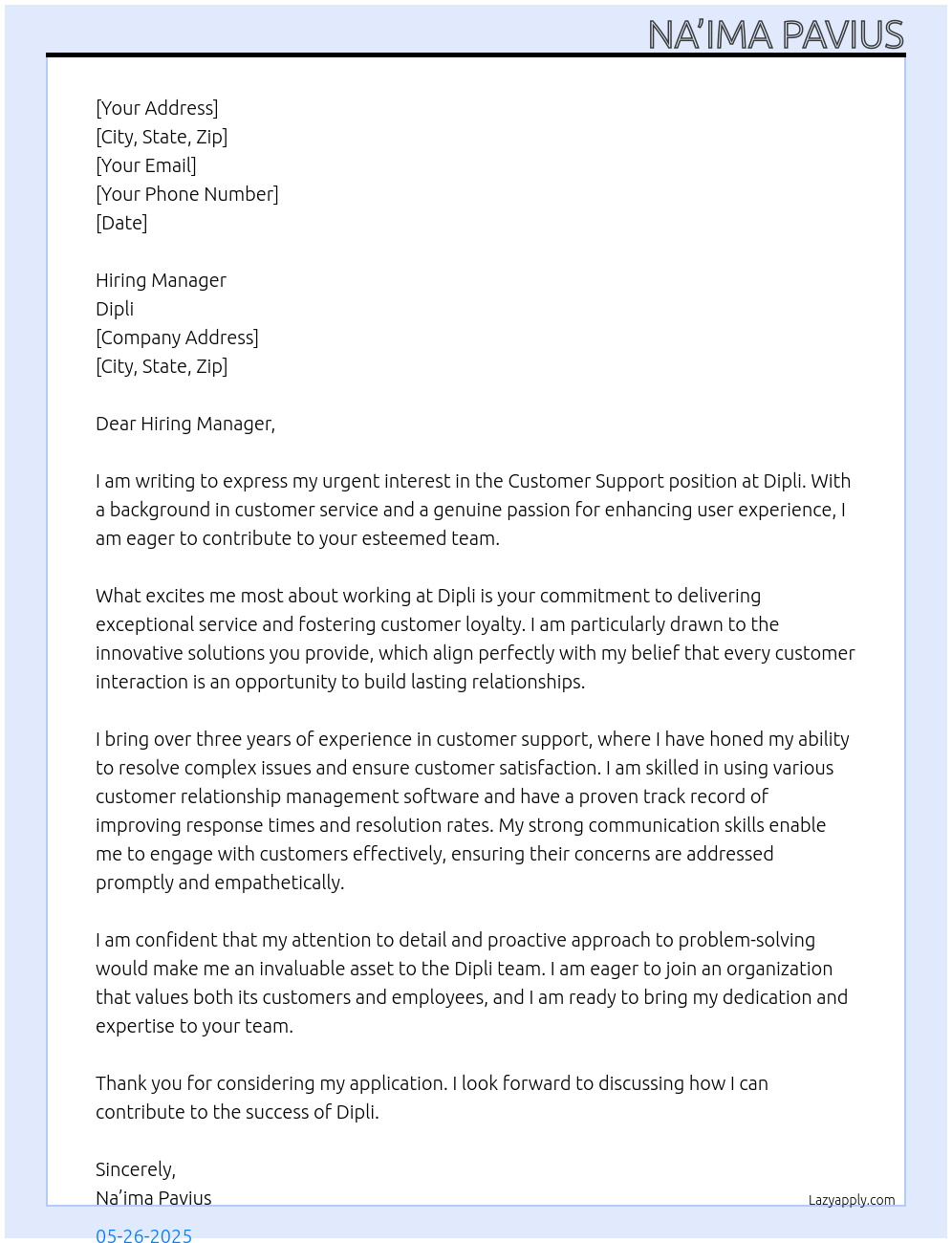 Customer Support At Dipli Cover Letter