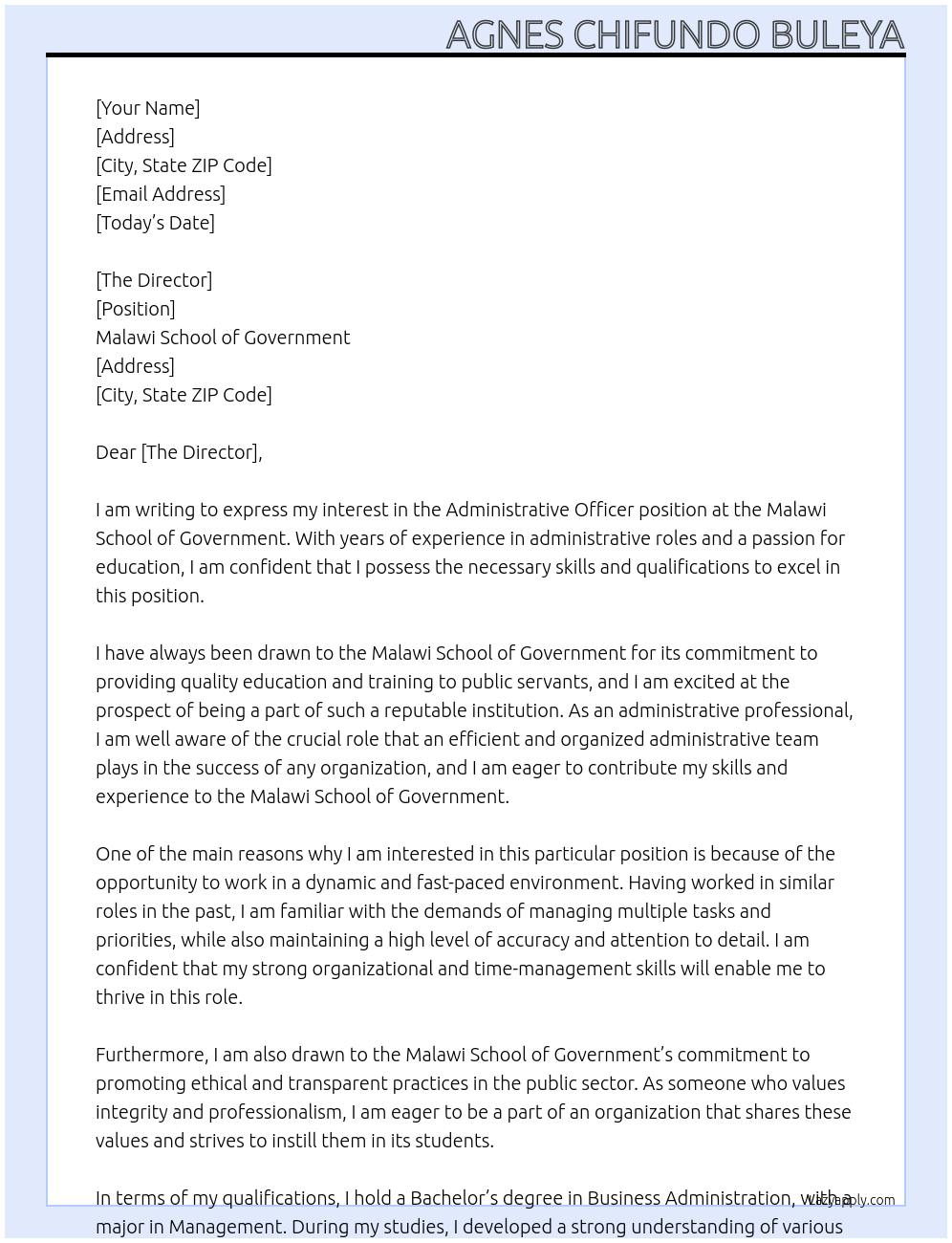 Administrative Officer At Malawi School of Government Cover Letter