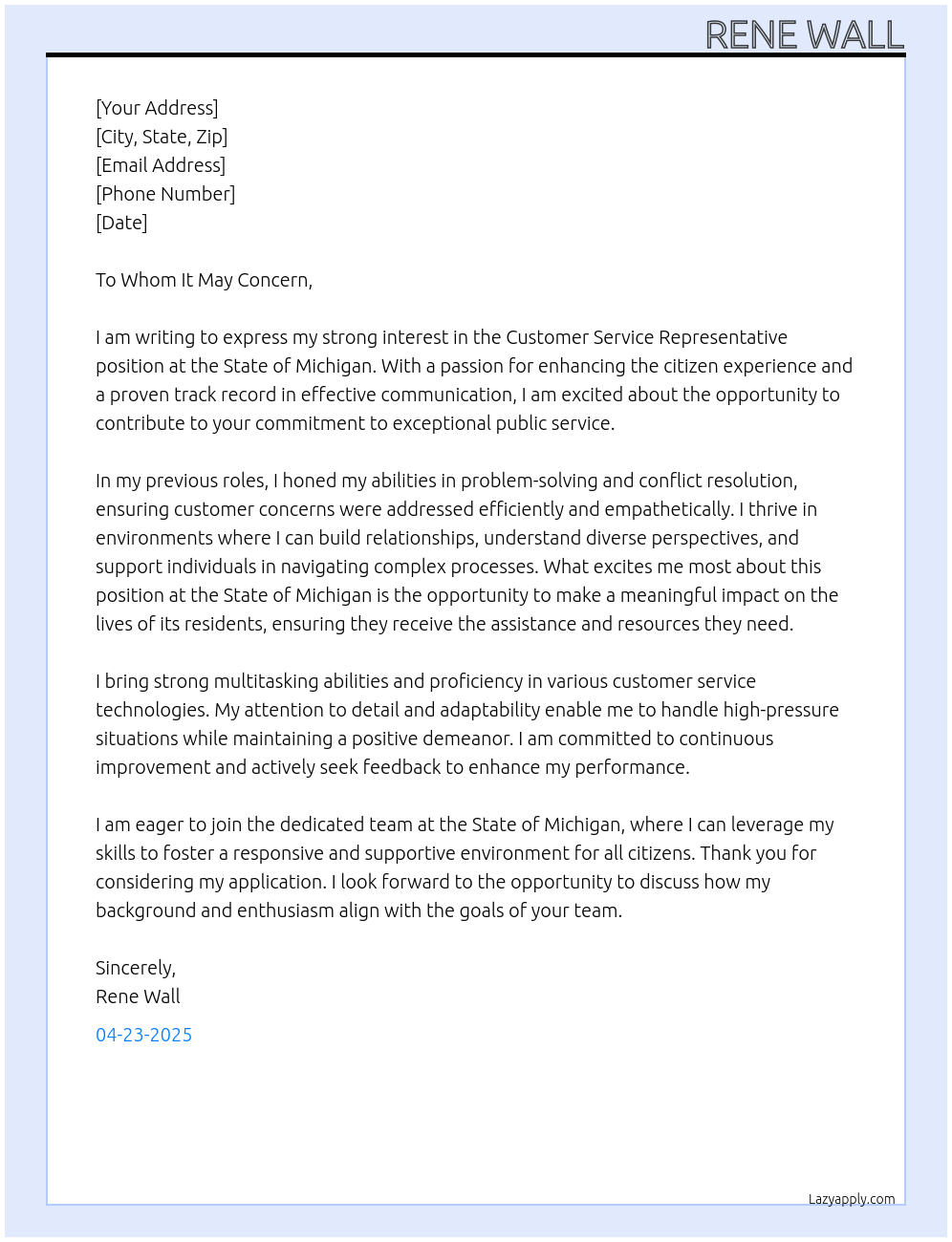 Customer service representative At State of Michigan Cover Letter