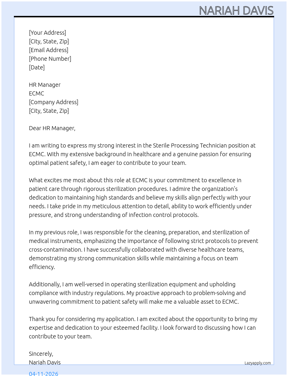 Sterile Processing Technician  At ECMC Cover Letter