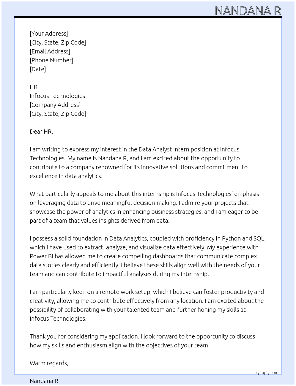 Data Analyst Intern At Infocus Technologies Cover Letter