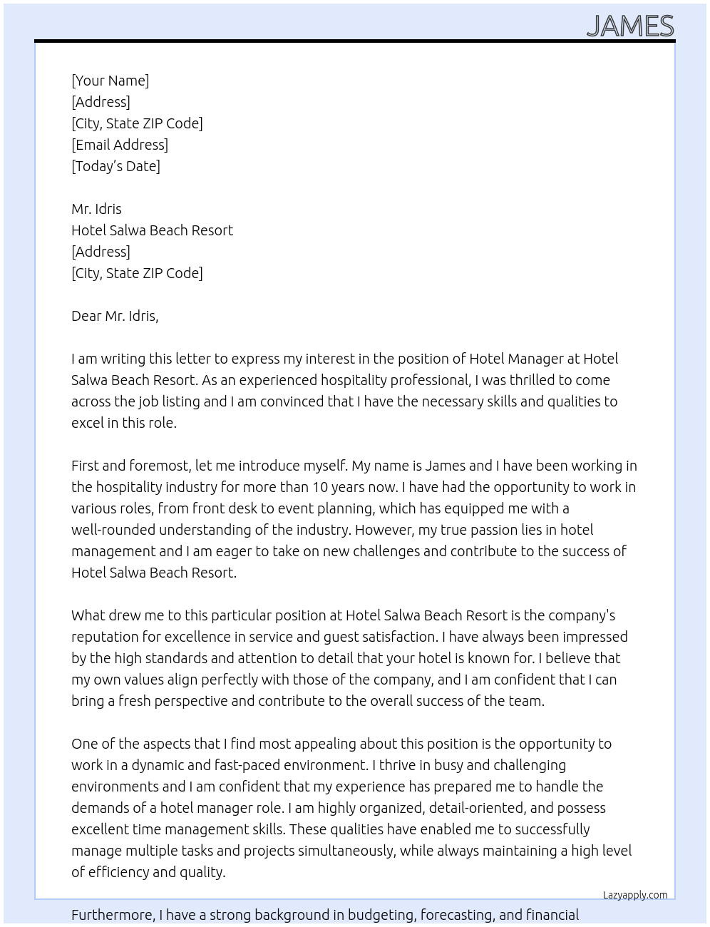 Hotel manager At Hotel salwa Beach Resort Cover Letter