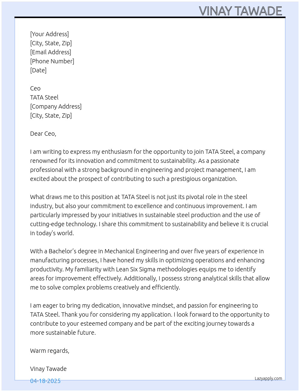 TATA steel At Google  Cover Letter