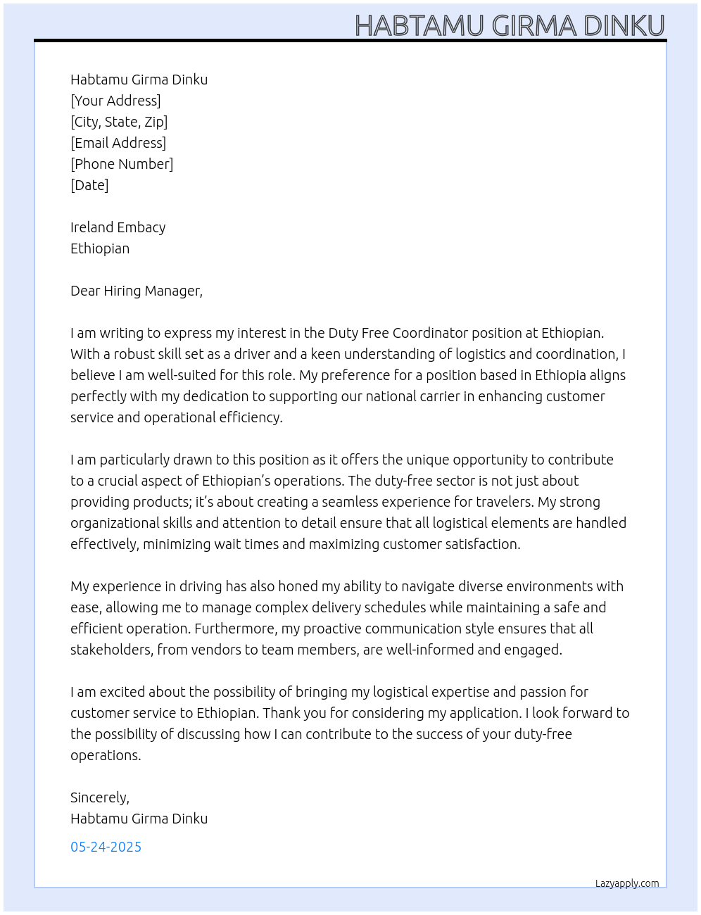 Duty free  At Ethiopian  Cover Letter