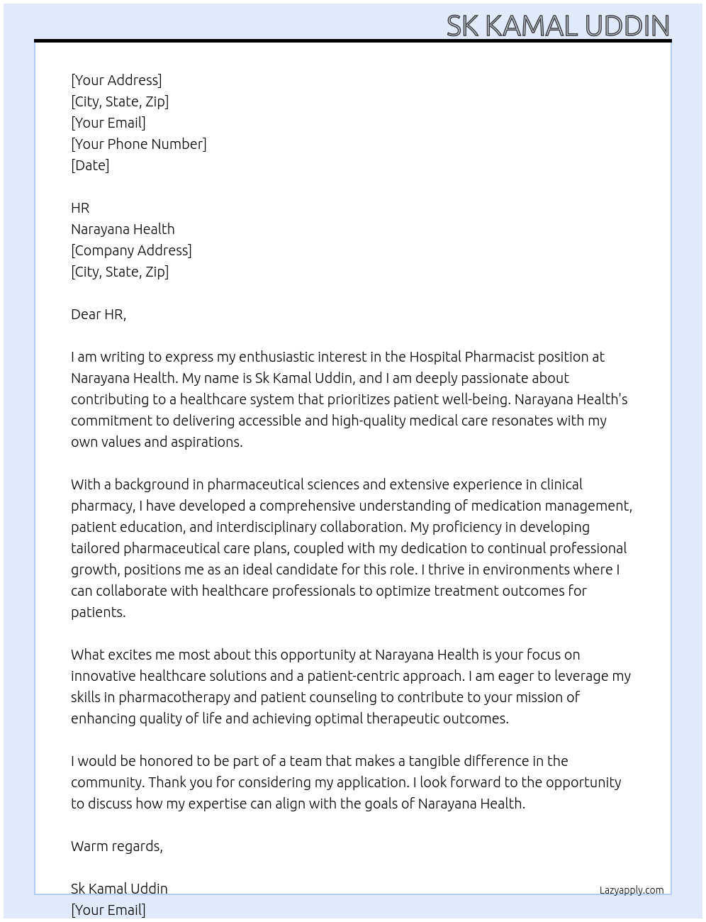 Hospital Pharmacist  At Narayana Health  Cover Letter