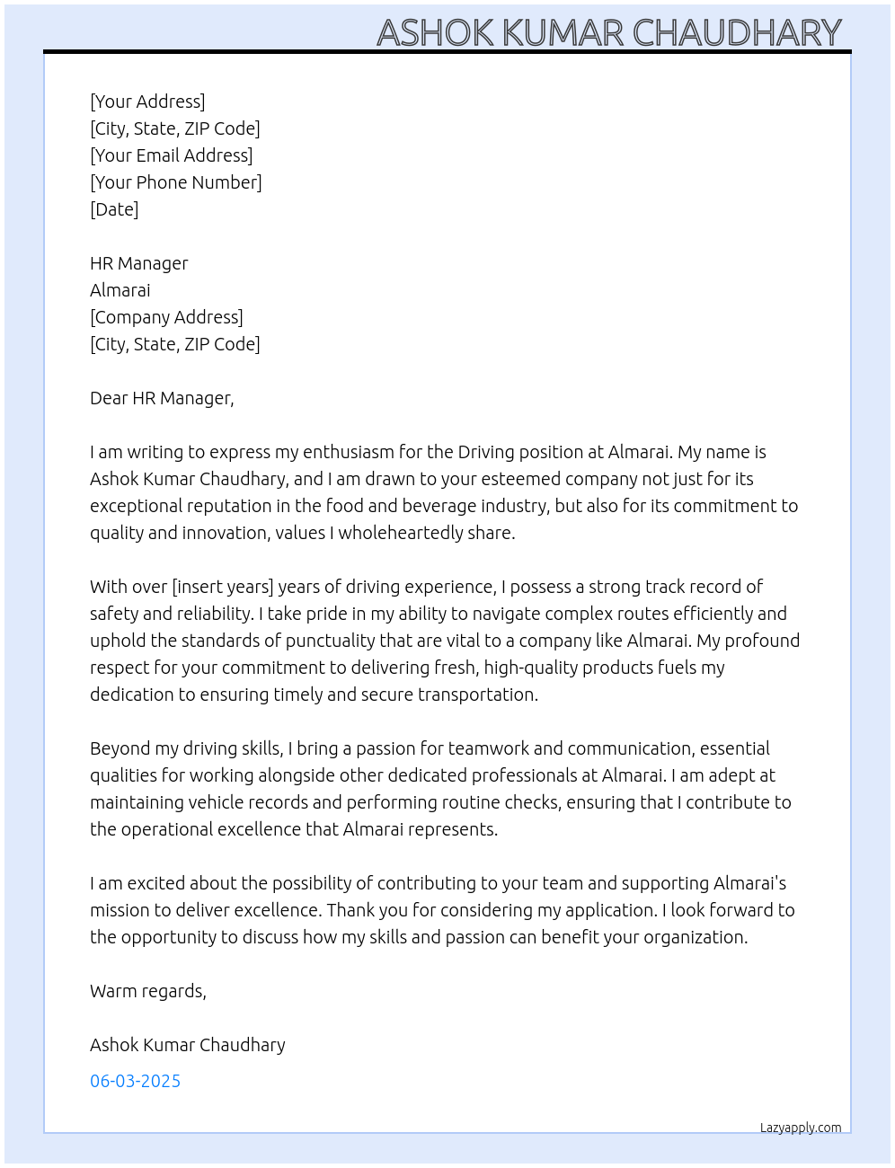 Driving At Almarai Cover Letter