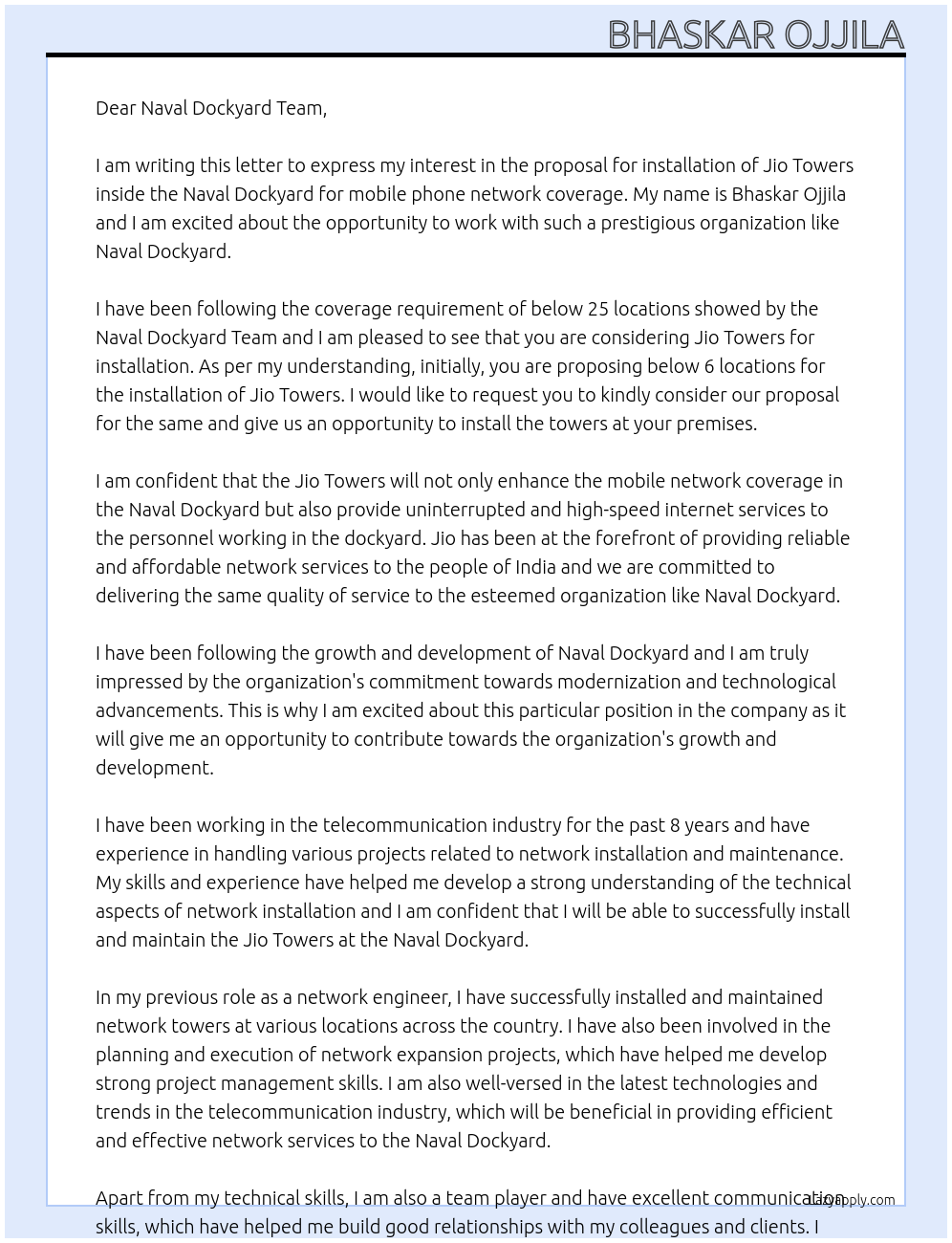 Cover letter for proposal letter for installation of jio towers inside the naval dockyard for mobile phone network coverage - LazyApply