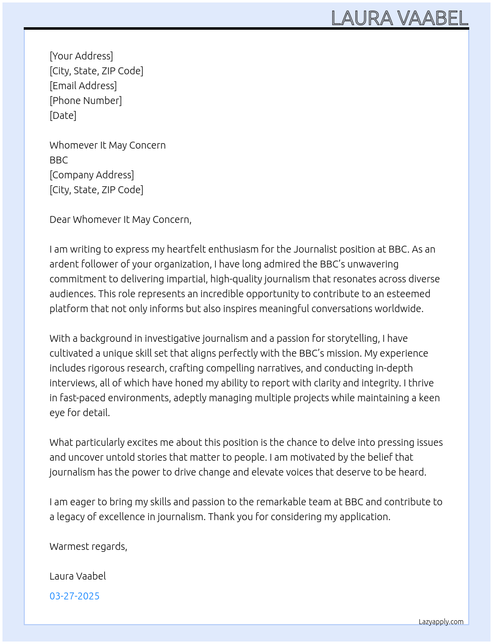 Journalist At BBC Cover Letter