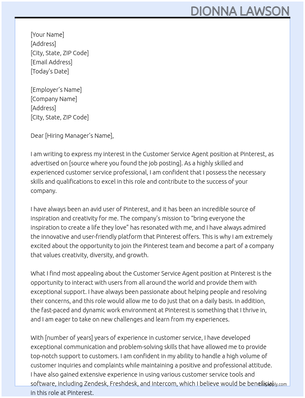Customer Service Agent At Pinterest Cover Letter
