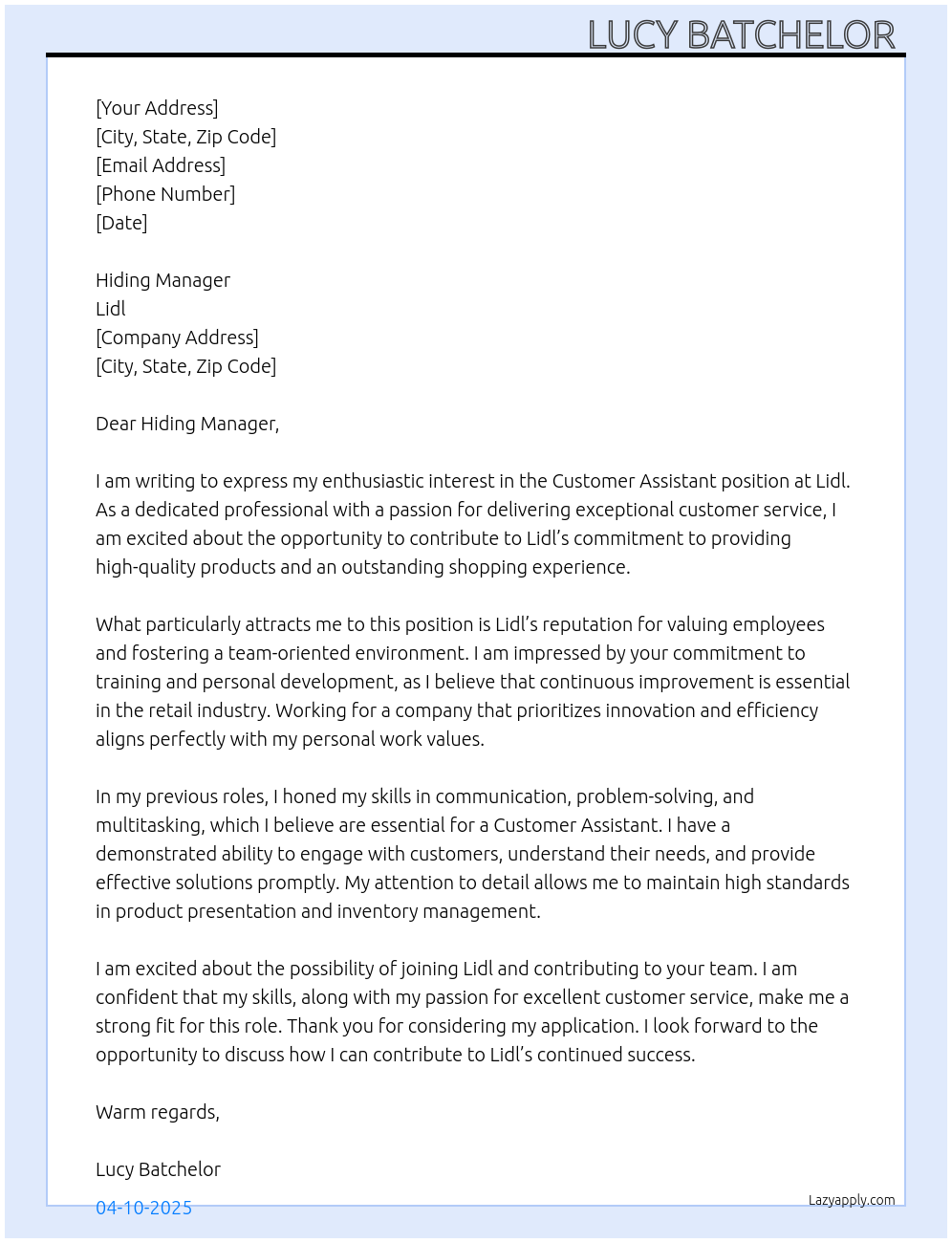 Customer assistant At Lidl Cover Letter