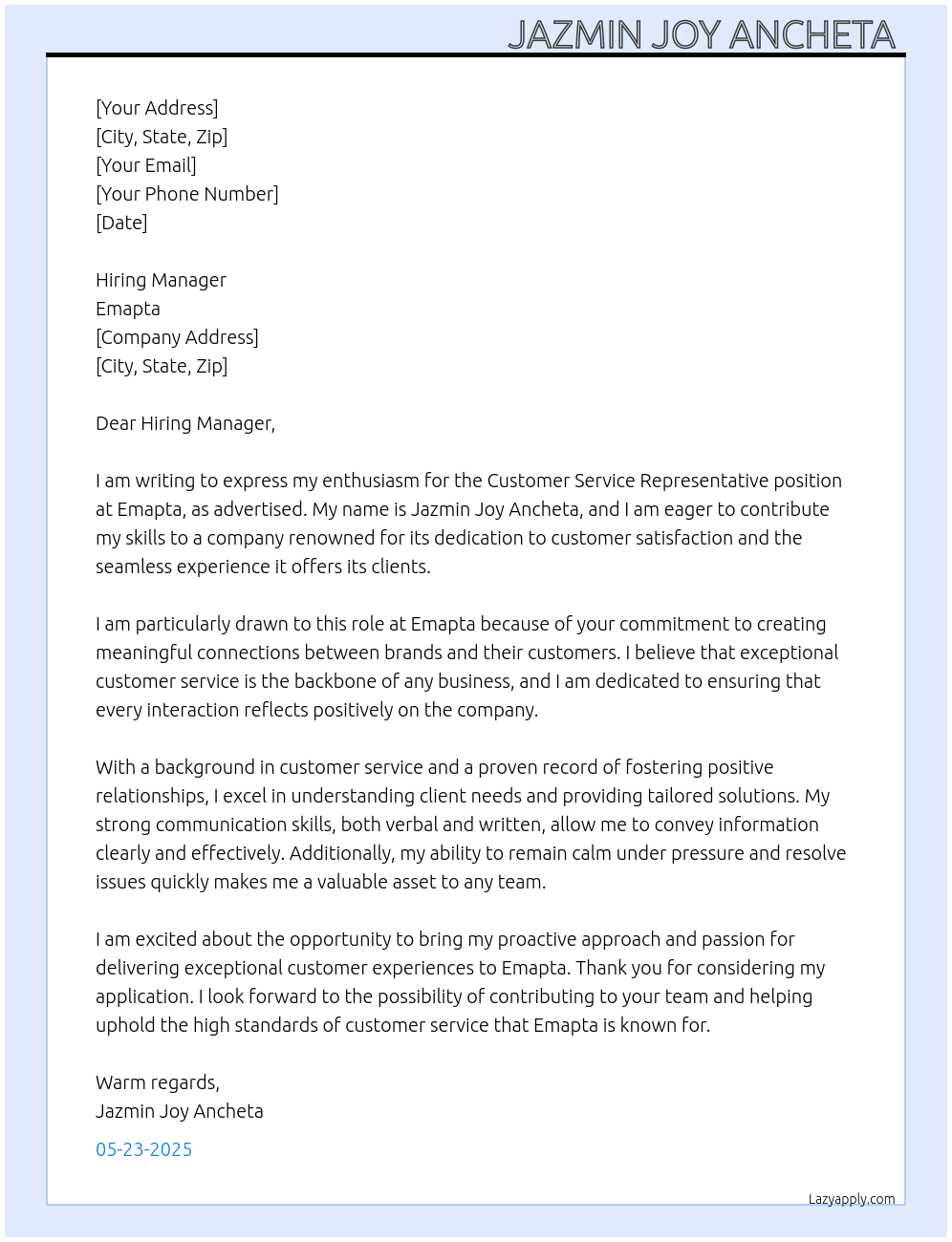 customer service representative At emapta Cover Letter