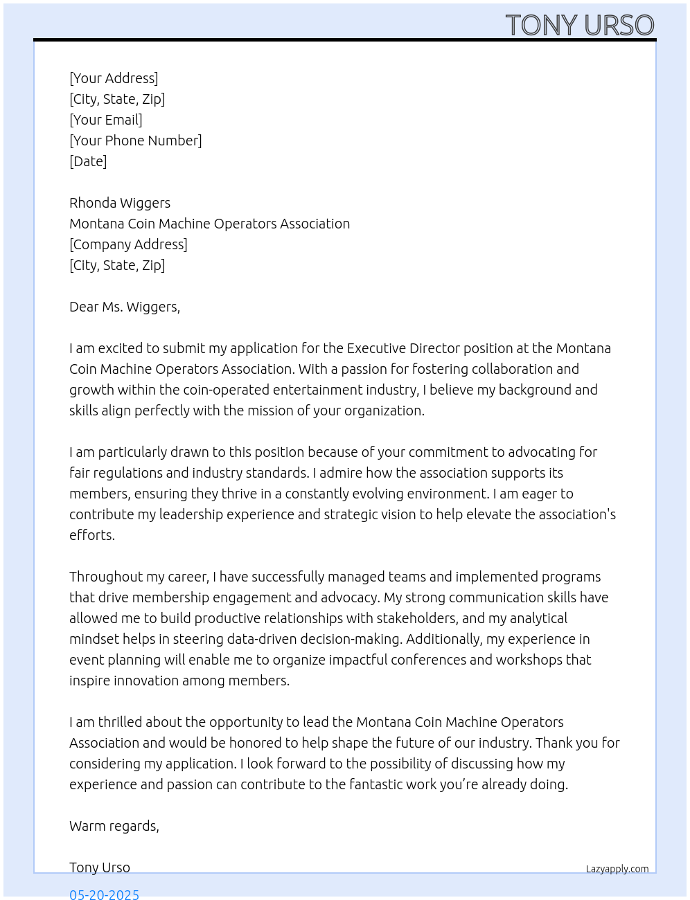 Executive Director At Montana Coin Machine Operators Association Cover Letter