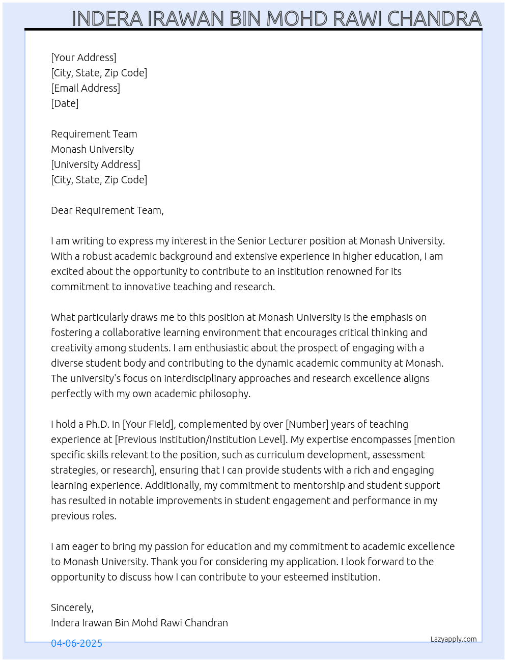 Senior Lecturer At Monash University Cover Letter