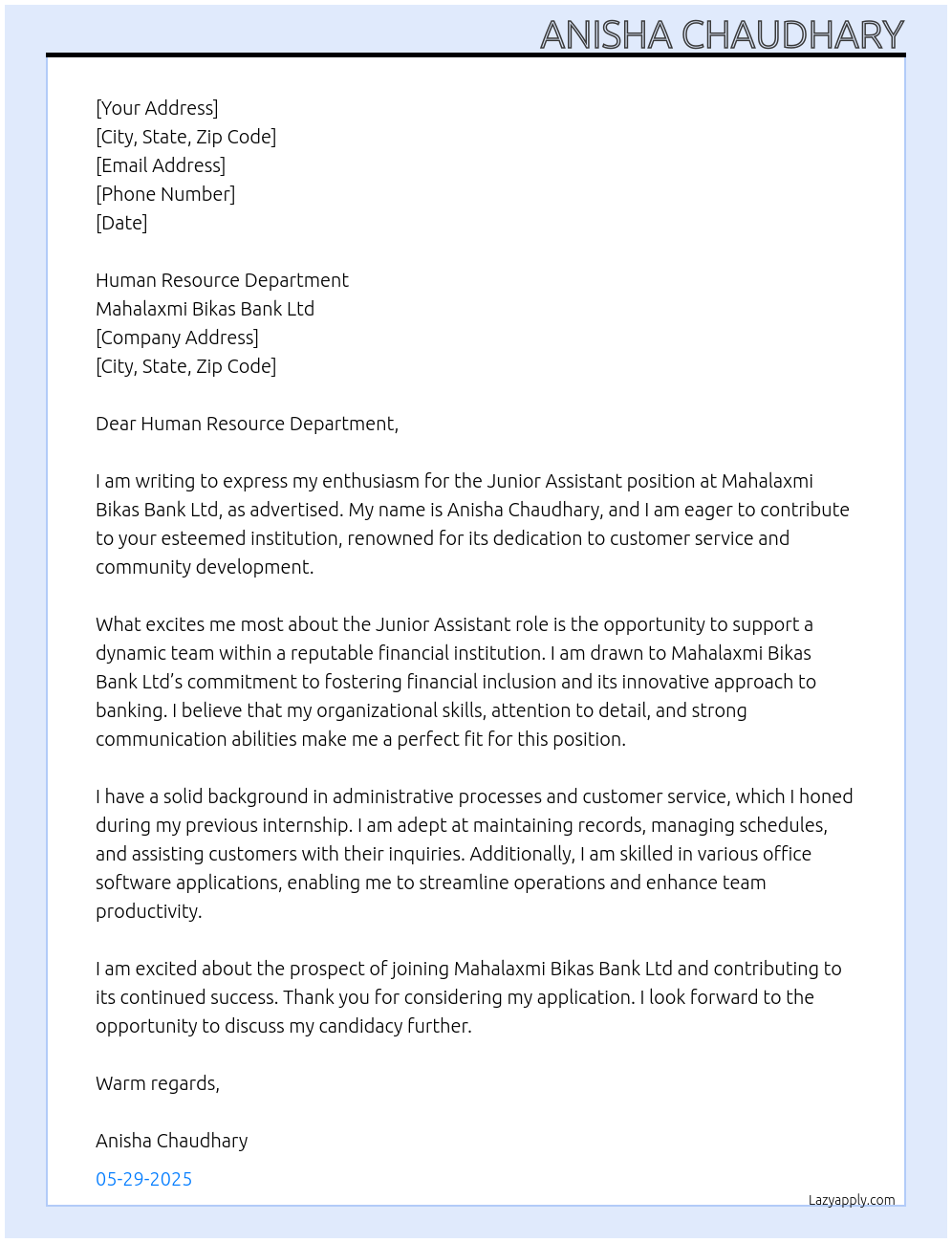 junior assistant At mahalaxmi bikas bank ltd Cover Letter