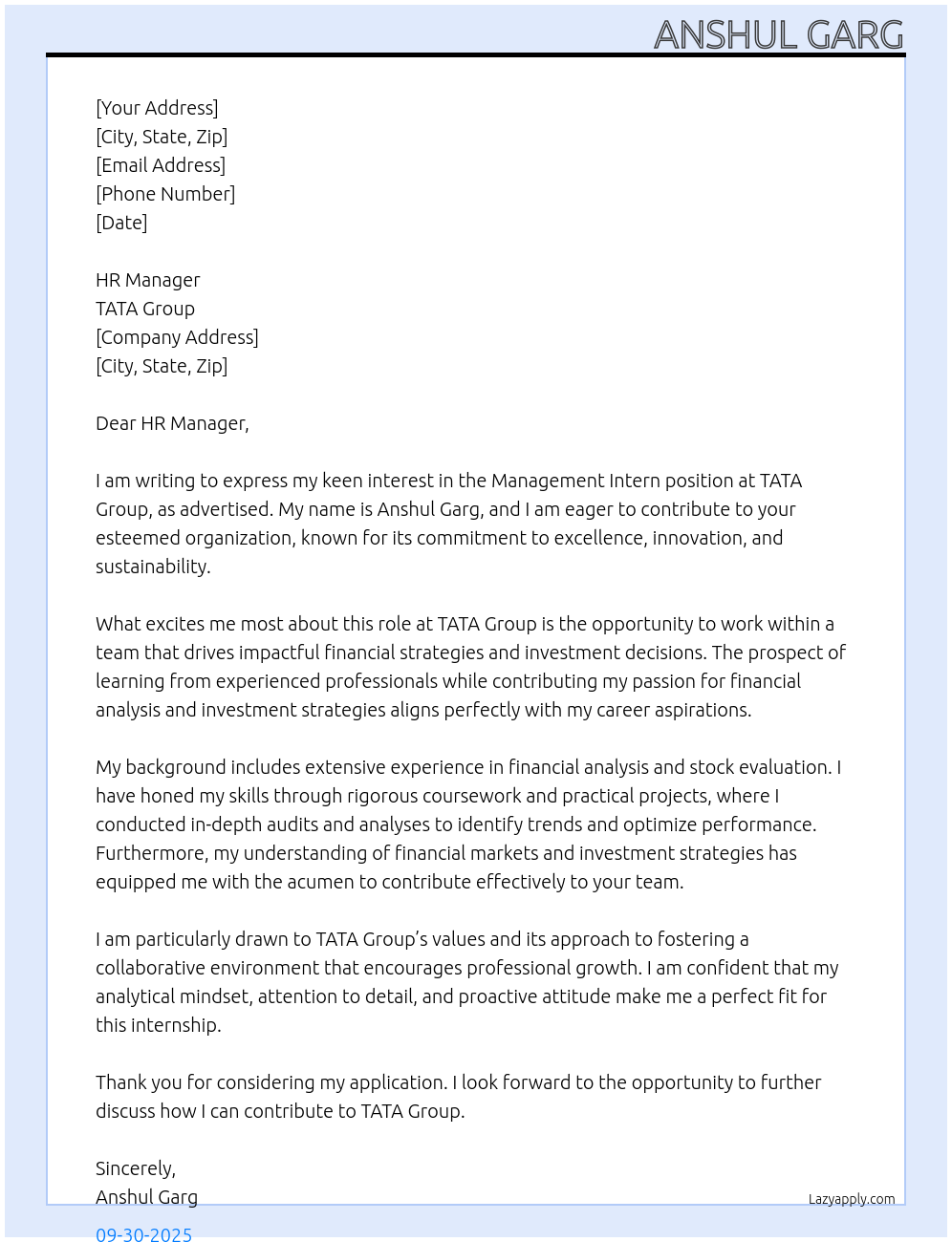 Cover letter for management intern - LazyApply