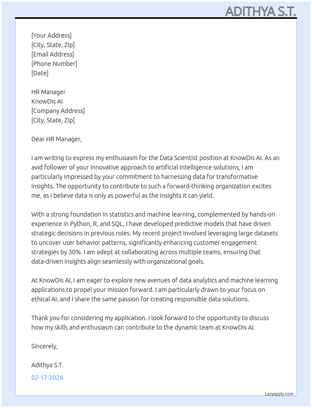 Data Scientist  At KnowDis AI Cover Letter