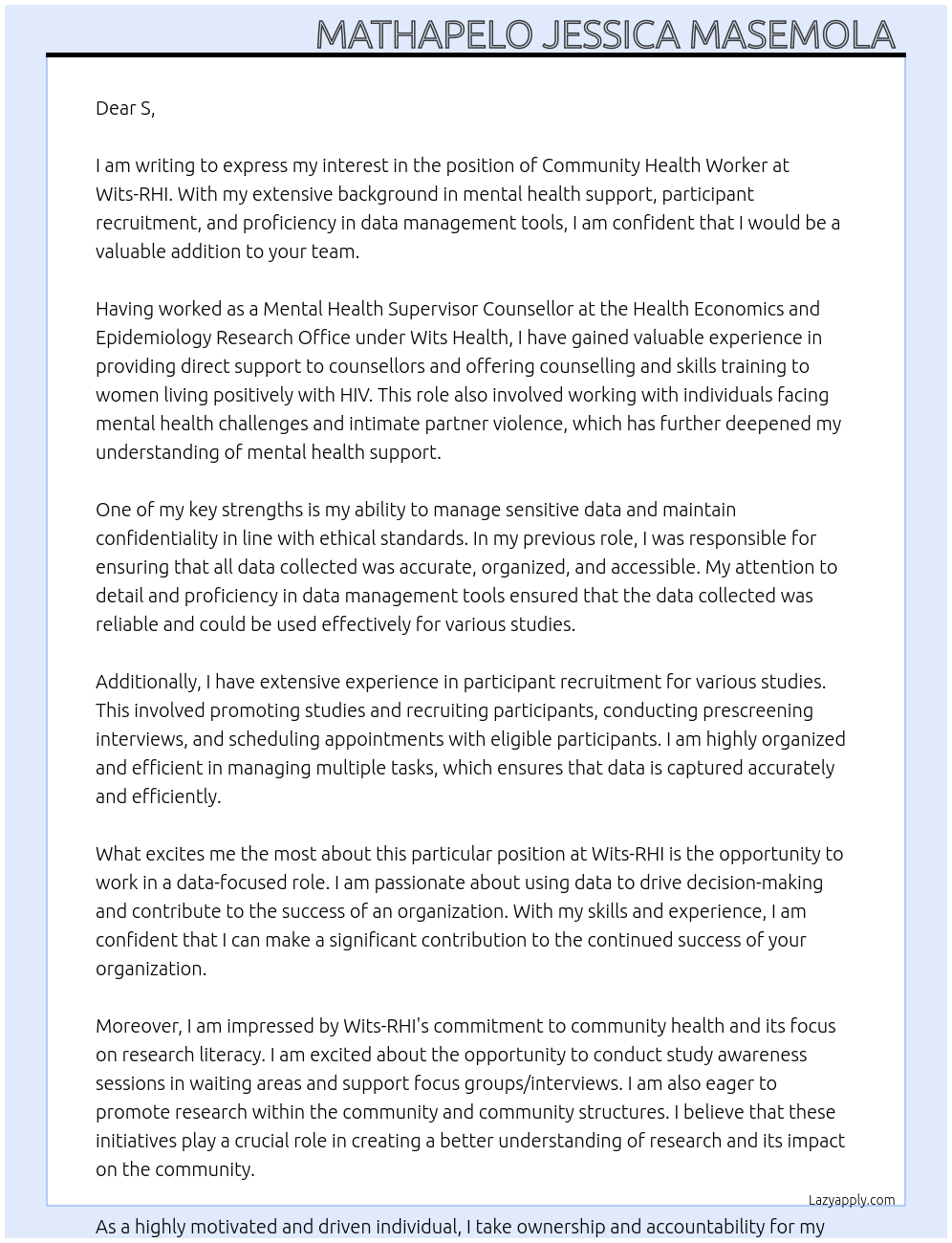 Community Health Worker At Wits-RHI Cover Letter