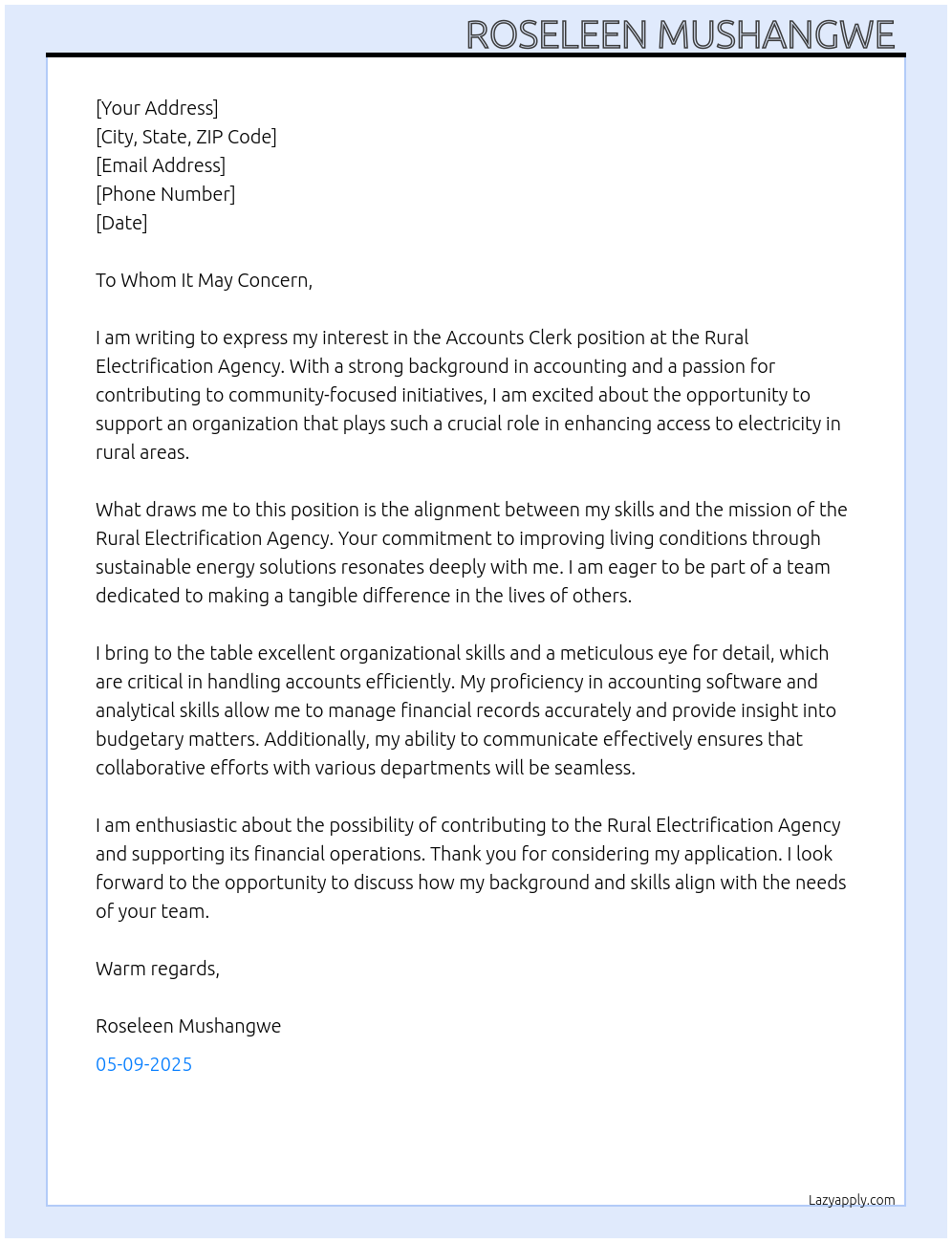 Accounts clerk At Rural Electrification Agency Cover Letter