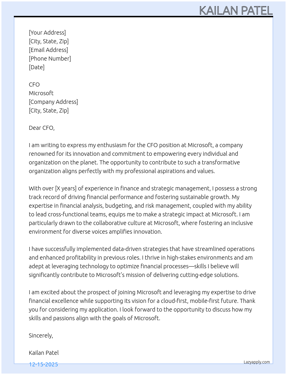 CFO At Microsoft  Cover Letter