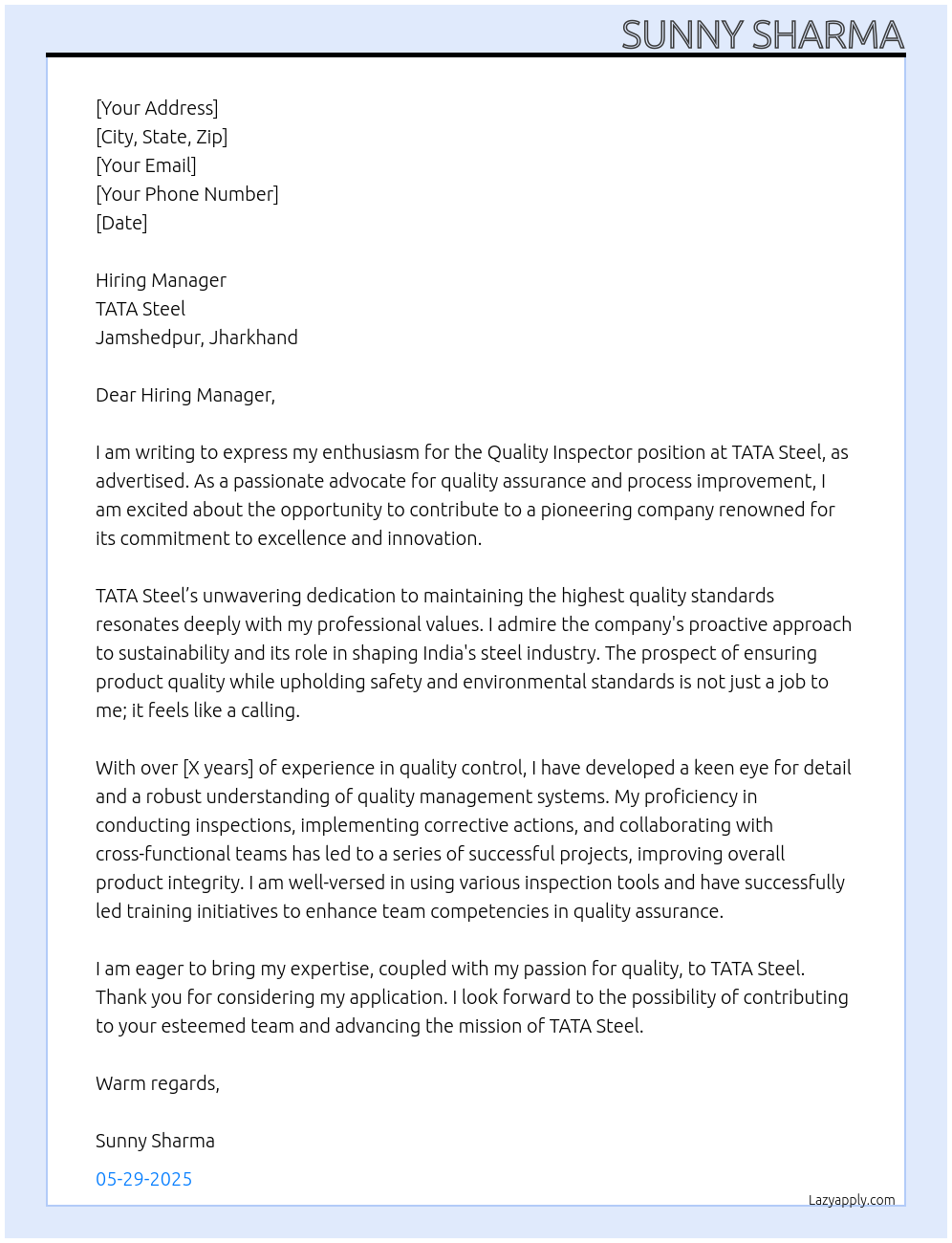 Quality inspector At TATA Steel Jamshedpur Jharkhand Cover Letter