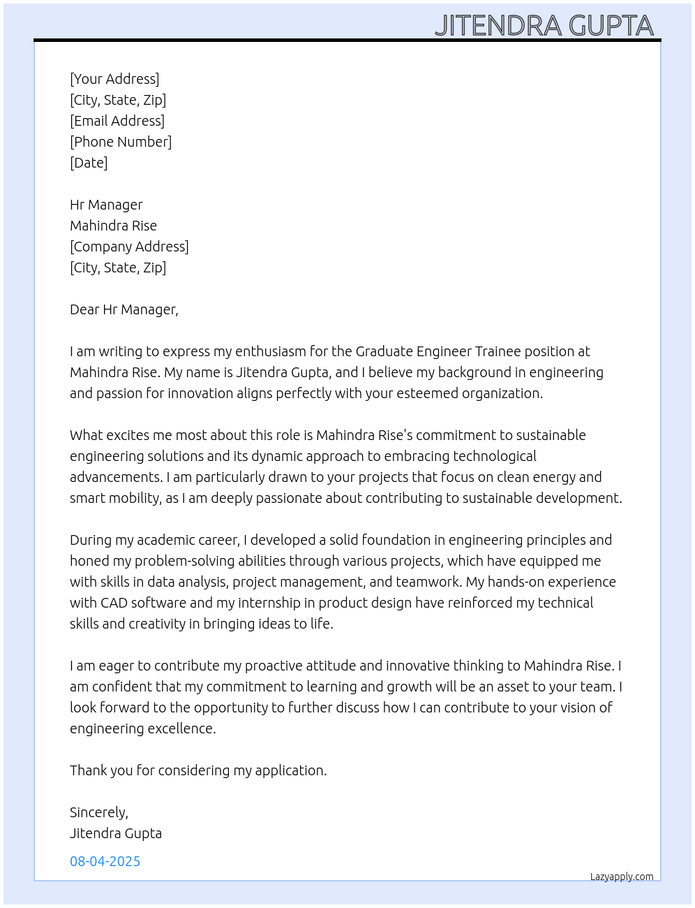 graduate engineer Trainee At Mahindra rise Cover Letter