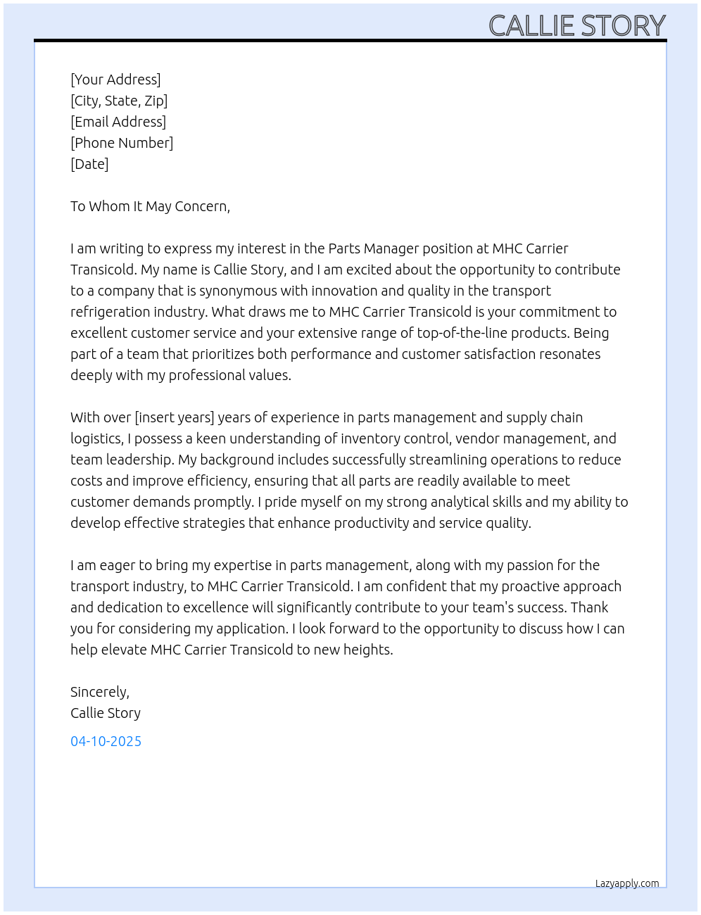 PARTS MANAGER At MHC CARRIER TRANSICOLD Cover Letter