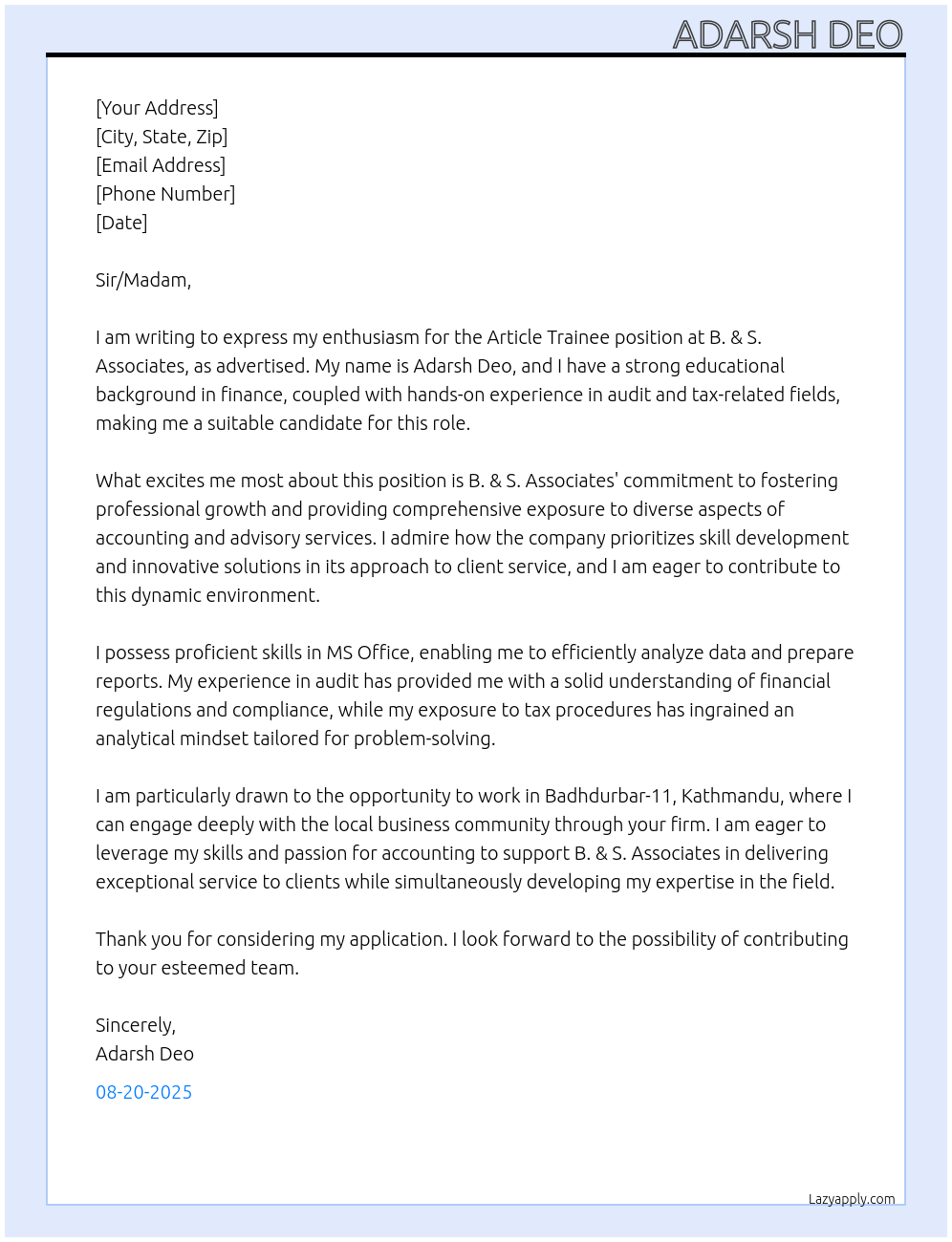 Cover letter for article trainee - LazyApply